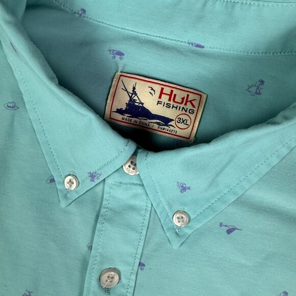 Huk Kona Shirt Mens 3XL Blue Fishing Performance Stretch Button Down Camp Print - Picture 3 of 10